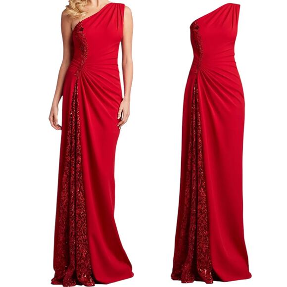 Tadashi Shoji One Shoulder Lace Insert Gown Geranium Red Size 12 - Picture 1 of 15